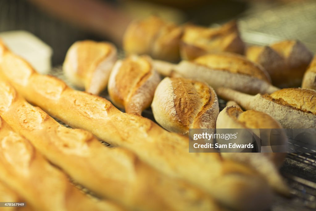 Close up of fresh bread in bakery