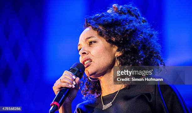 Joy Denalane performs on stage during Max Herre MTV Unplugged Kahedi Radio Show at Schlosspark Open Air Weinheim on June 20, 2015 in Weinheim,...