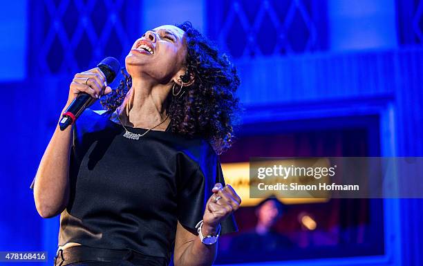 Joy Denalane performs on stage during Max Herre MTV Unplugged Kahedi Radio Show at Schlosspark Open Air Weinheim on June 20, 2015 in Weinheim,...