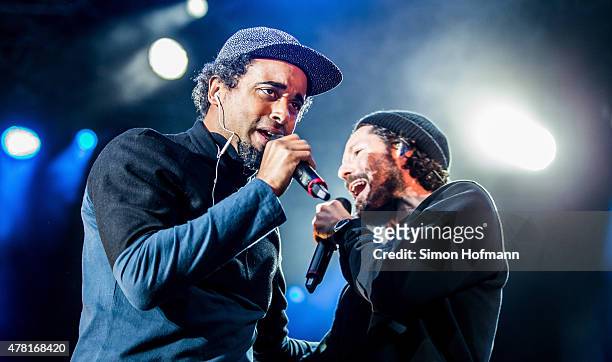 Patrice and Max Herre perform on stage during Max Herre MTV Unplugged Kahedi Radio Show at Schlosspark Open Air Weinheim on June 20, 2015 in...