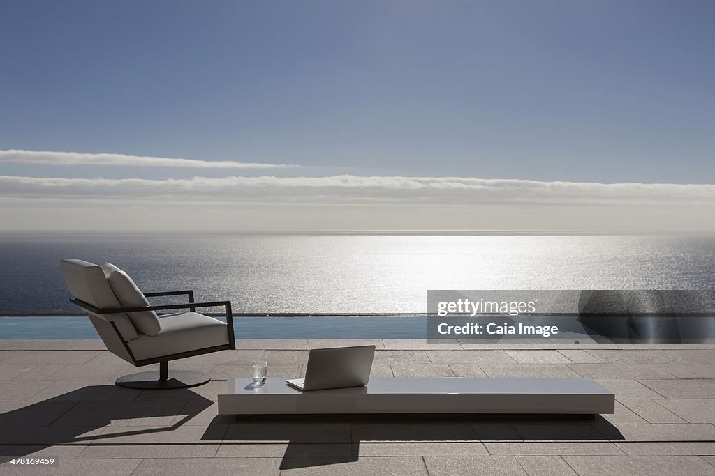 Moderna del patio y de la piscina de borde infinito con vista al mar