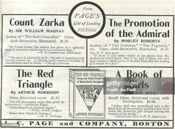 Advertisement for various fiction books such as The Red Triangle by Arthur Morrison, Count Zarka by Sir William Magnay, The Promotion of the Admiral...