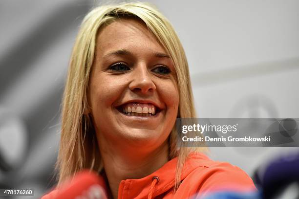 Lena Goessling of Germany reacts during a press conference at Montreal Convention Centre on June 23, 2015 in Montreal, Canada.