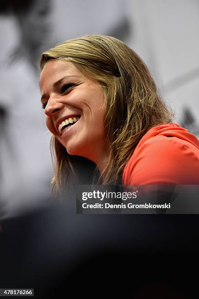 Melanie Leupolz of Germany reacts during a press conference at Montreal Convention Centre on June 23, 2015 in Montreal, Canada.