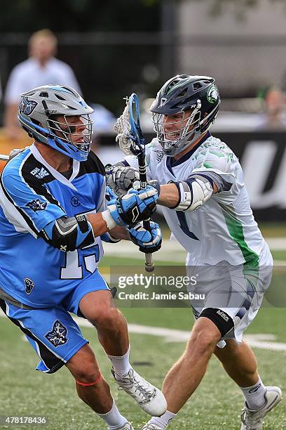 Joe Walters of the Chesapeake Bayhawks defends against Peter Baum of the Ohio Machine on June 20, 2015 at Selby Stadium in Delaware, Ohio.