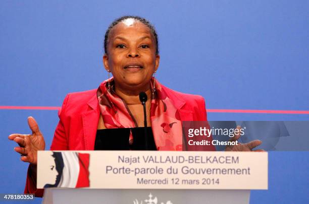 French Justice Minister Christiane Taubira addresses to the media after the weekly cabinet meeting at the Elysee palace on March 12, 2014 in Paris,...