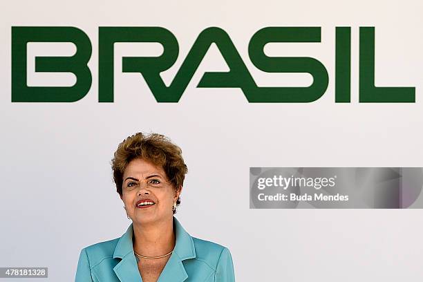 President Dilma Rousseff of Brazil looks on during the Olympic Day celebration and presentation of the Brazilian national team's mascot Ginga by the...