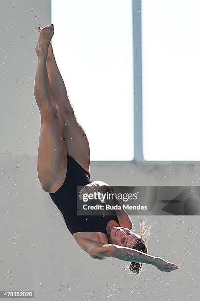 Juliana Veloso of Brazil dives during the Olympic Day celebration and presentation of the Brazilian national team's mascot Ginga by the Brazilian...