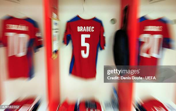 View Jakub Brabec's shirt of Czech Republic hanging in the Czech Republic dressing room ahead of the UEFA Under 21 Group A match between Germany and...