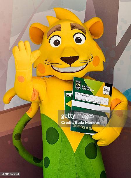 Brazilian national teams mascot Ginga is introduced by the Brazilian Local Organizing Committee at Parque Aquatico Maria Lenk on June 23, 2015 in Rio...