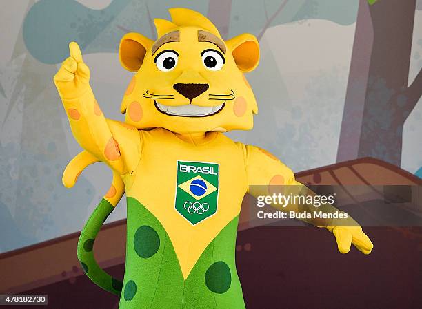 Brazilian national teams mascot Ginga is introduced by the Brazilian Local Organizing Committee at Parque Aquatico Maria Lenk on June 23, 2015 in Rio...