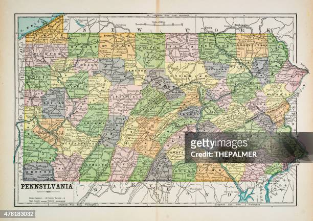 illustrazioni stock, clip art, cartoni animati e icone di tendenza di mappa della pennsylvania 1883 - pennsylvania