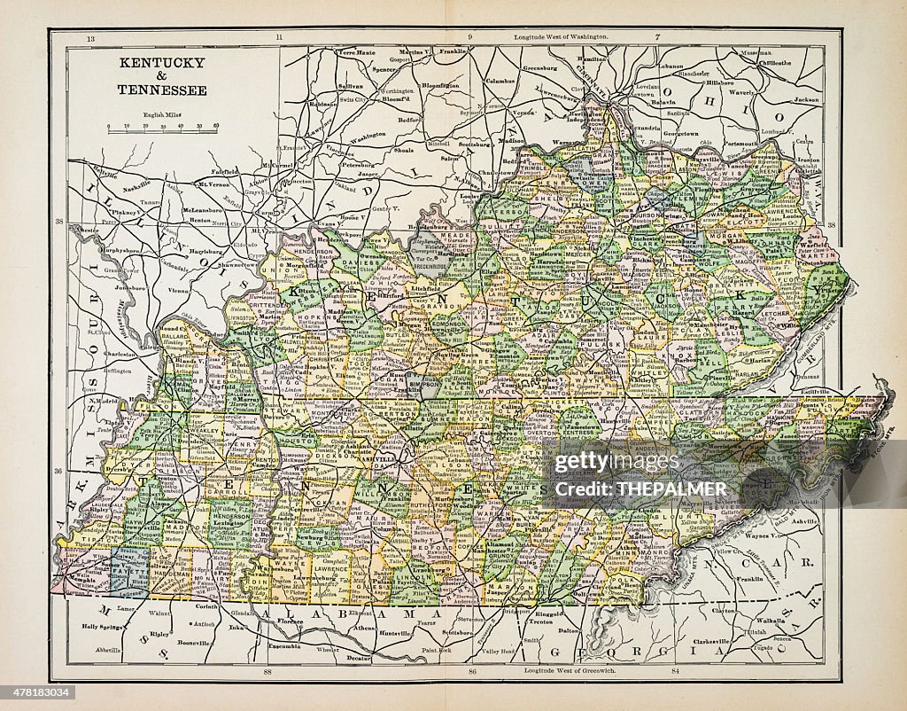 Mapa de Kentucky y Tennessee, 1883