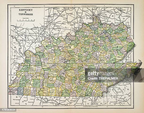 map of kentucky and tennessee 1883 - gatlinburg stock illustrations