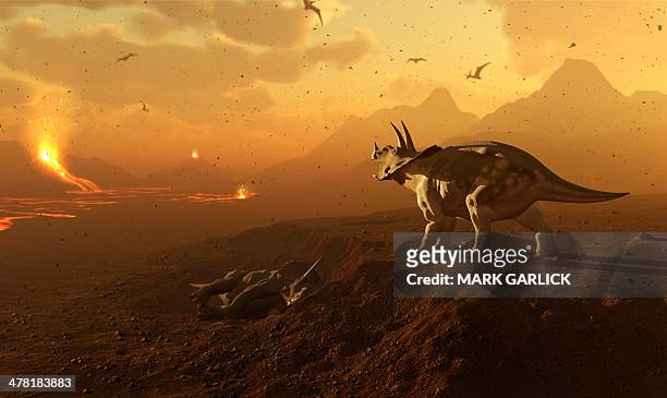 triceratops and volcanic landscape - prehistoric era stock illustrations