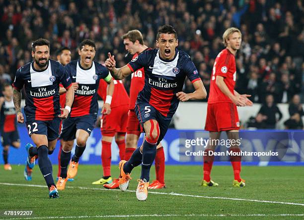 Marquinhos of Paris Saint-Germain celebrates as he scores their first goal during the UEFA Champions League Round of 16 second leg match between...