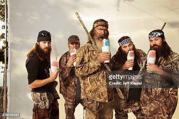 Reality television personalities from Duck Dynasty, Jase Robertson, Si Robertson, Phil Robertson, Willie Robertson and Jep Robertson are photographed...