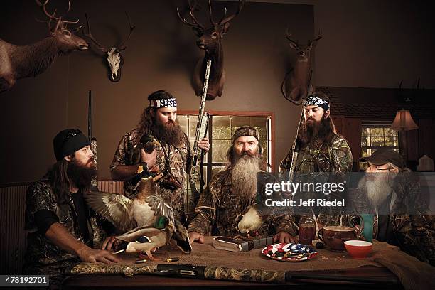 Reality television personalities from Duck Dynasty, Jase Robertson, Willie Robertson, Phil Robertson, Jep Robertson and Si Robertson are photographed...