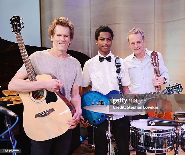Actor/musician Kevin Bacon, student musician Danilo Concepcion, and singer/musican Michael Bacon help kick off the WQXR Instrument Drive with...