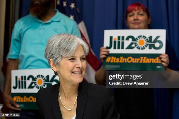 Jill Stein smiles before announcing that she will seek the Green Party's presidential nomination, at the National Press Club, June 23, 2015 in...