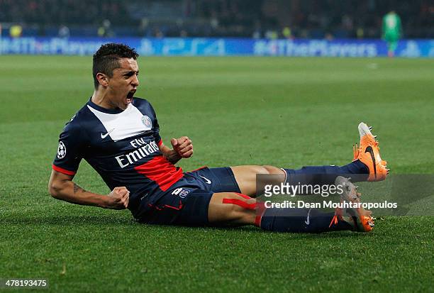 Marquinhos of Paris Saint-Germain celebrates as he scores their first goal during the UEFA Champions League Round of 16 second leg match between...