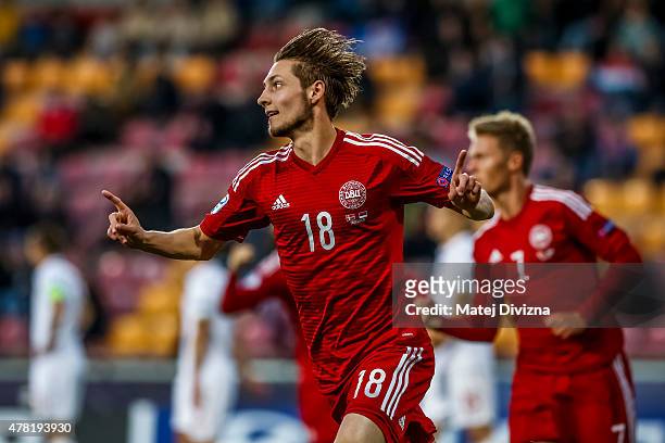 Rasmus Falk of Denmark celebrates goal with his team-mates during UEFA U21 European Championship Group A match between Denmark and Serbia at Letna...
