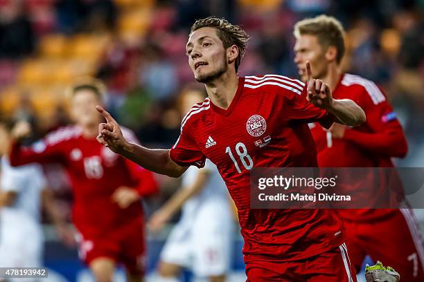 Rasmus Falk of Denmark celebrates goal with his team-mates during UEFA U21 European Championship Group A match between Denmark and Serbia at Letna...