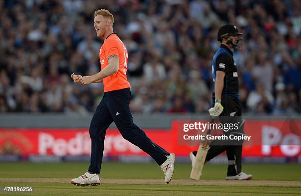 Ben Stokes of England celebrates dismissing Luke Ronchi of New Zealand during the NatWest International Twenty20 match between England and New...