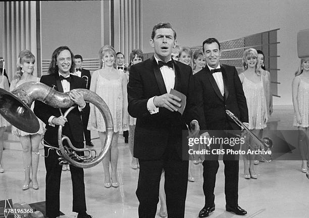 Featuring from left: Don Knotts, Andy Griffith, Maggie Peterson, Tennessee Ernie Ford Negs dated February 5, 1967. Broadcast date: February 21, 1967.