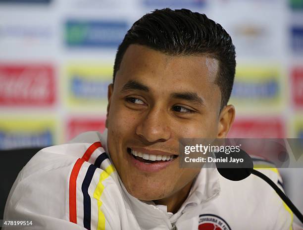 Jeison Murillo smiles during a press conference at San Carlos de Apoquindo on June 23, 2015 in Santiago, Chile. Colombia will face Argentina as part...