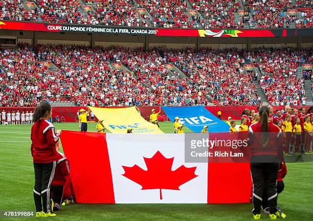 The Canadian flag shown during the national anthems prior to the start of the FIFA Women's World Cup Canada 2015 Round of 16 match between...