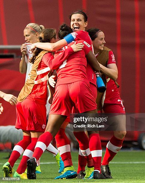 Christine Sinclair of Canada celebrates with teammates after defeating Switzerland 1-0 in the FIFA Women's World Cup Canada 2015 Round of 16 match...