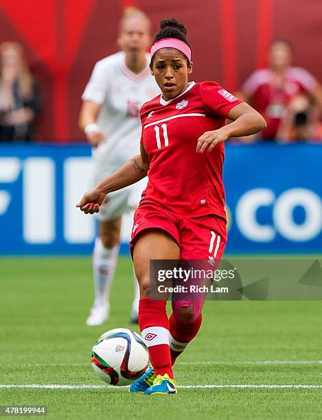 Desiree Scott of Canada passes the ball during the FIFA Women's World Cup Canada 2015 Round of 16 match between Switzerland and Canada June 2015 at...