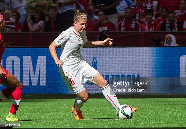 Selina Kuster of Switzerland kicks the ball during the FIFA Women's World Cup Canada 2015 Round of 16 match between Switzerland and Canada June 2015...