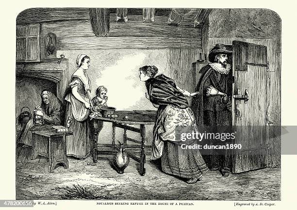 english civil war - royalists seeking refuge - cavalier-cavalry stock illustrations