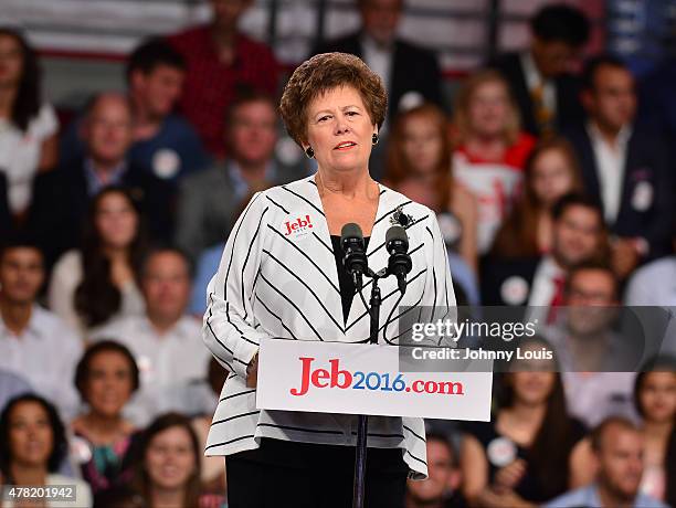 Former Lieutenant Governor of Florida Antoinette 'Toni' Jennings speaks to the crowd before former Republican Governor of Florida Jeb Bush announces...