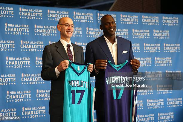 Commisioner Adam Silver and Michael Jordan pose for a picture as the Charlotte Hornets announce the 2017 All-Star game at the Time Warner Cable Arena...