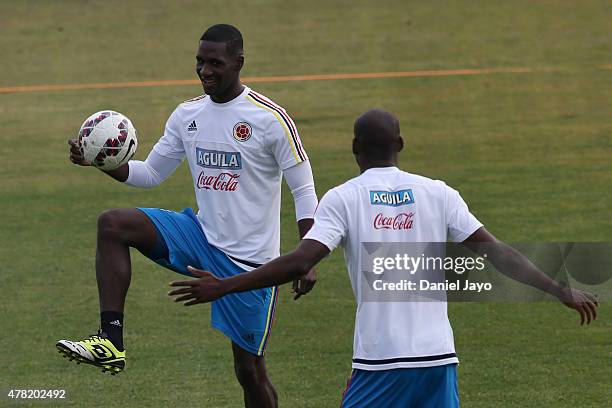 Cristian Zapata, of Colombia, and Victor Ibarbo, of Colombia, during a training session at San Carlos de Apoquindo on June 23, 2015 in Santiago,...