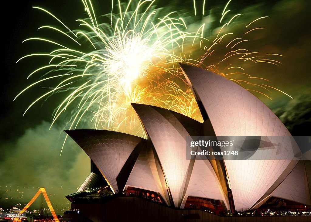 Fireworks bursting over the Sydney Opera House, Australia,