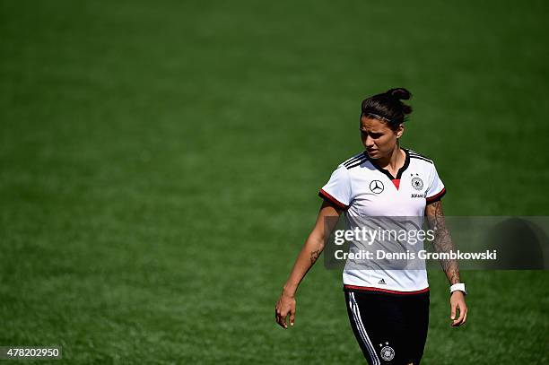 Dzsenifer Marozsan of Germany looks on during a training session at Complexe Sportif Multi Sports on June 23, 2015 in Montreal, Canada.