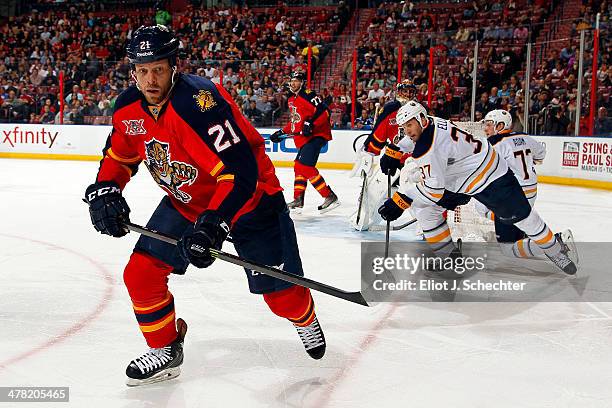 Krys Barch of the Florida Panthers skates for possession against the Buffalo Sabres at the BB&T Center on March 7, 2014 in Sunrise, Florida.