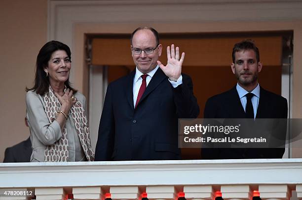 Princess Caroline of Hanover, Prince Albert II of Monaco and Andrea Casiraghi attend the "Fete de la St Jean" procession on June 24, 2015 in Monaco,...