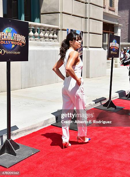 Actress Michelle Rodriguez attends the premiere press event for the new Universal Studios Hollywood Ride "Fast & Furious-Supercharged" at Universal...