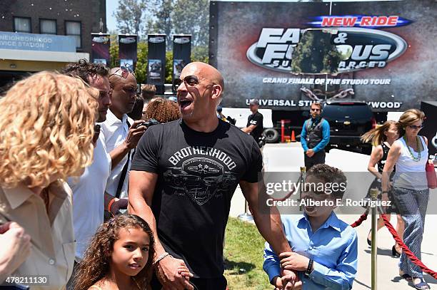 Actor Vin Diesel attends the premiere press event for the new Universal Studios Hollywood Ride "Fast & Furious-Supercharged" at Universal Studios...