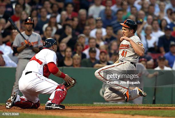 Sandy Leon of the Boston Red Sox prepares to tag out Chris Parmelee of the Baltimore Orioles trying top steal home in the third inning at Fenway Park...