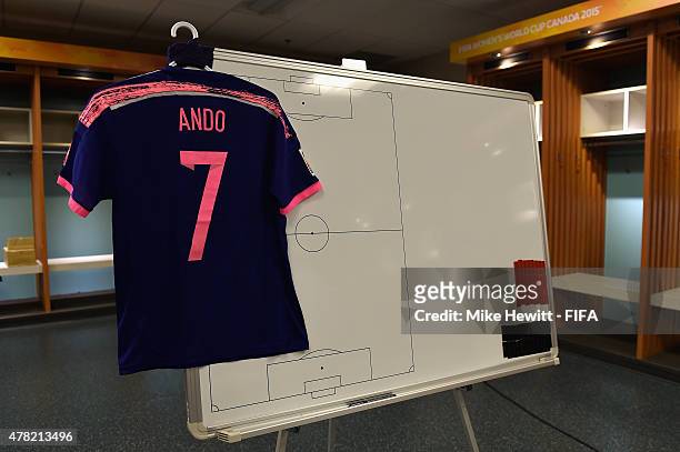 The shirt of Kozue Ando of Japan hangs in the locker room ahead of the FIFA Women's World Cup 2015 Round of 16 match between Japan and Netherlands at...