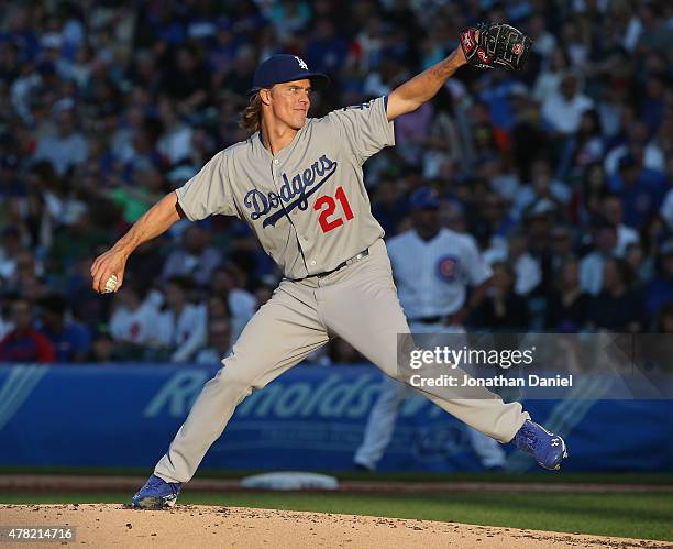 Starting pitcher Zack Greinke of the Los Angeles Dodgers delivers the ball against the Chicago Cubs at Wrigley Field on June 23, 2015 in Chicago,...