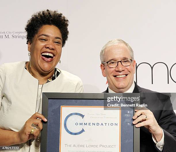 Cara Page, Executive Director of the Audre Lorde Project and NYC Comptroller Scott M. Stringer attend the 2015 LGBTQ Changemakers Award Ceremony at...