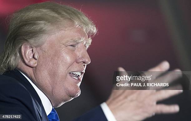 Presidential hopeful Donald Trump delivers remarks at the Maryland Republican Party's 25th Annual Red, White & Blue Dinner on June 23, 2015 at the...