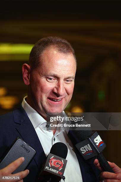 General Manager Brad Treliving of the Calgary Flames meets with the media following the NHL General managers Meetings at the Bellagio Las Vegas on...